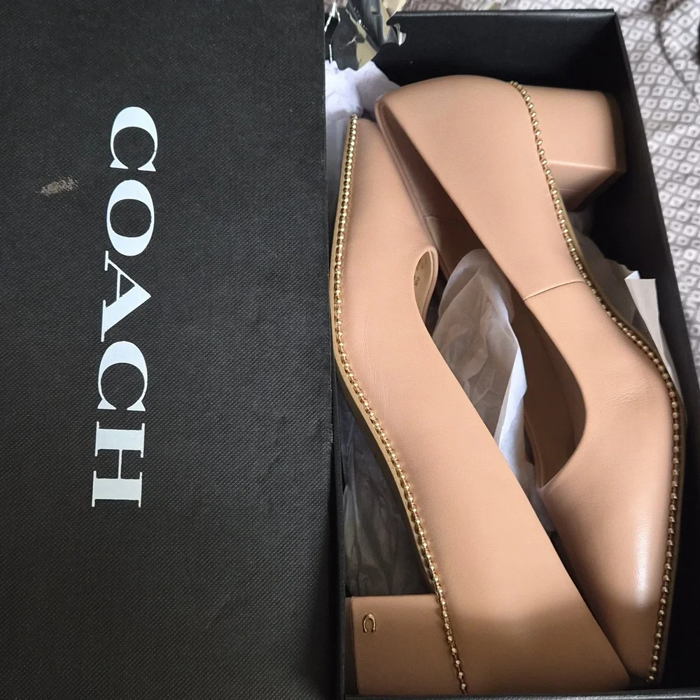 Coach Women's‎ Beige Leather Willa Block Heel Pumps Size 9.5 Beechwood - Picture 5 of 6